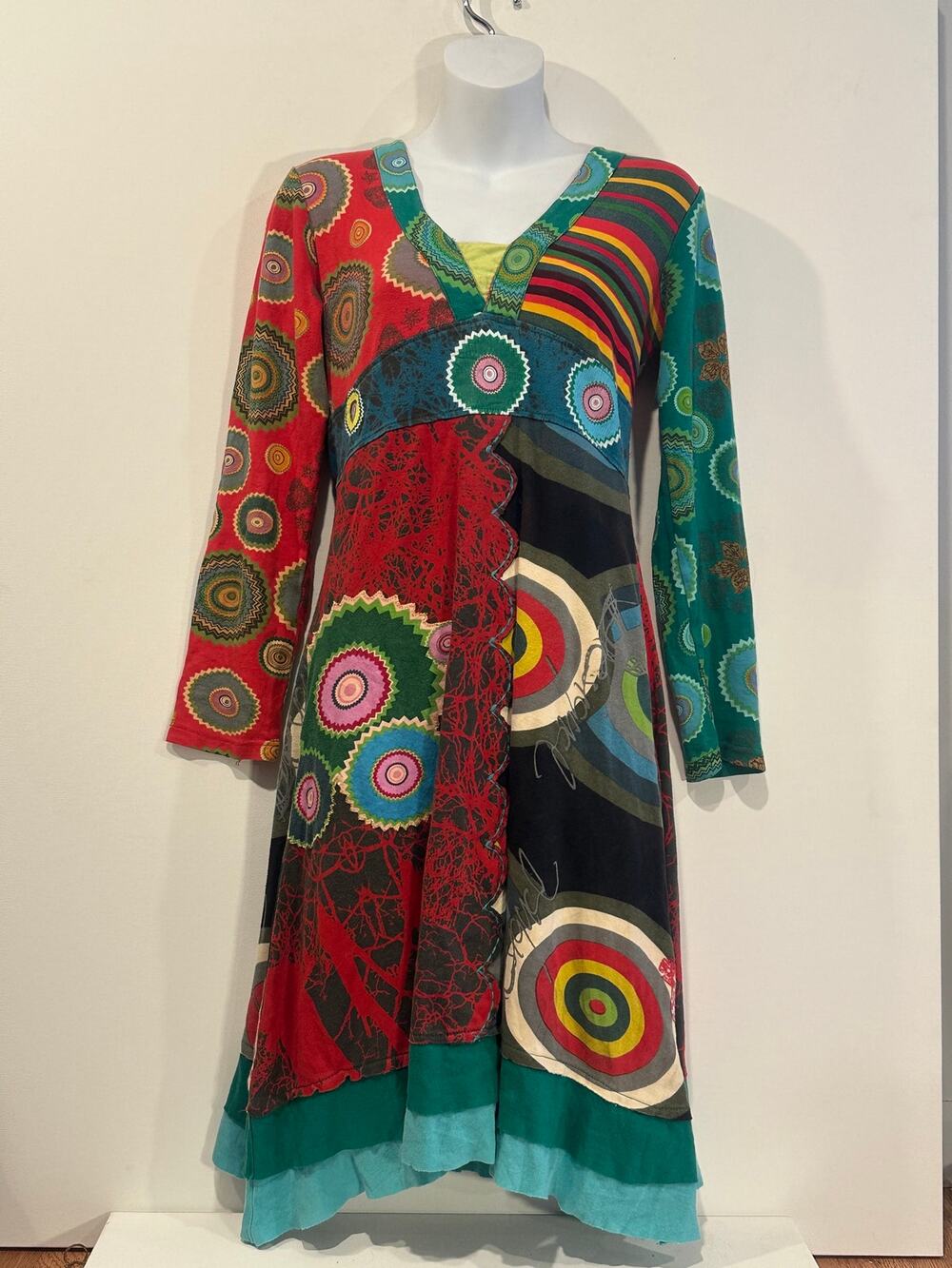 Vintage Desigual Y2K Patchwork Target Mandala Long Sleeve V Neck Dress S M